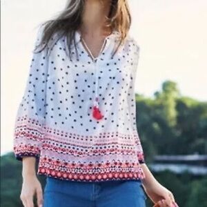 Boden Women’s White Pink Floral Tassel Boho Lightweight Summer Cotton Top Size 4